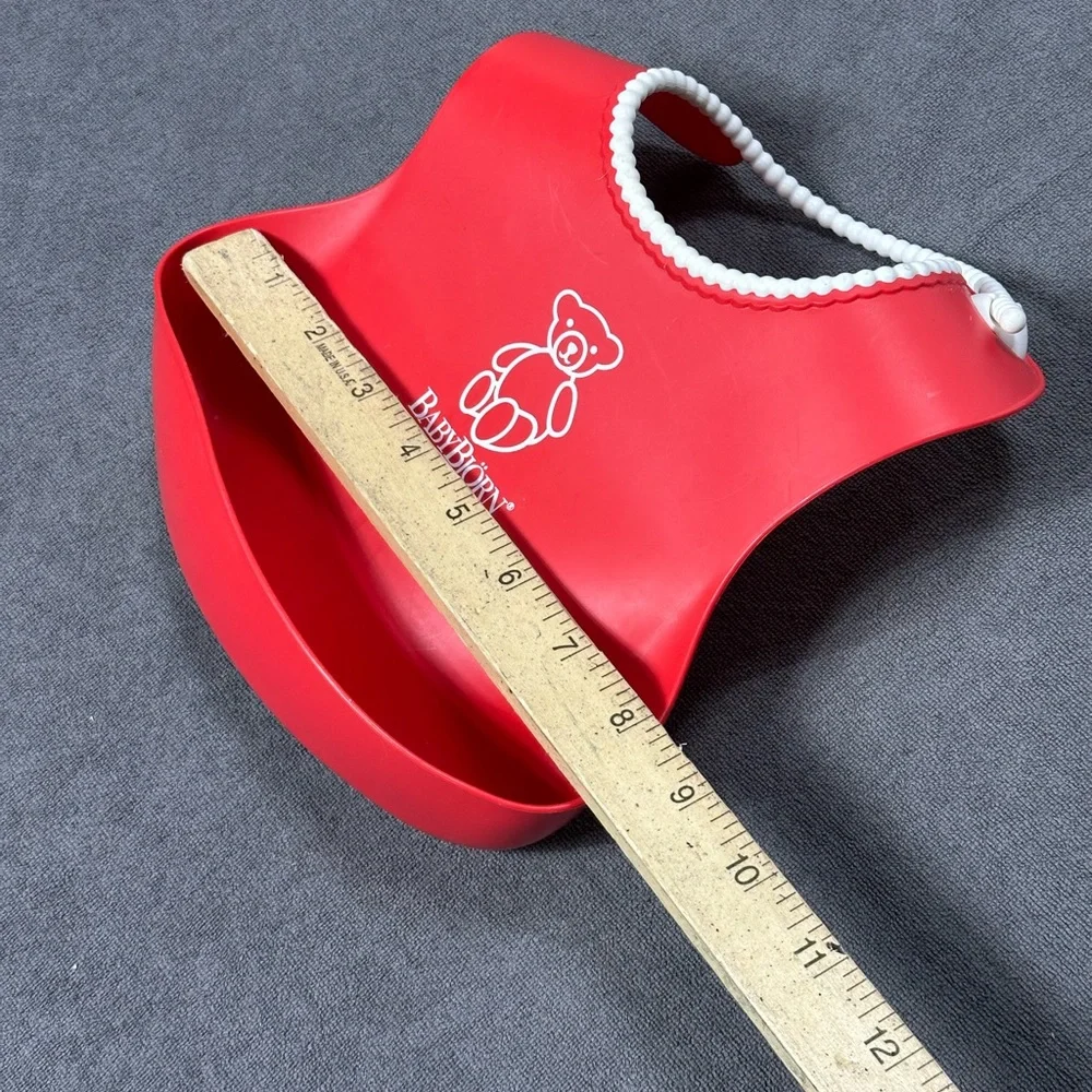 Baby Bjorn Food Catching Bib Silicone Red w White Beaded Rim Deep Catch Pocket
